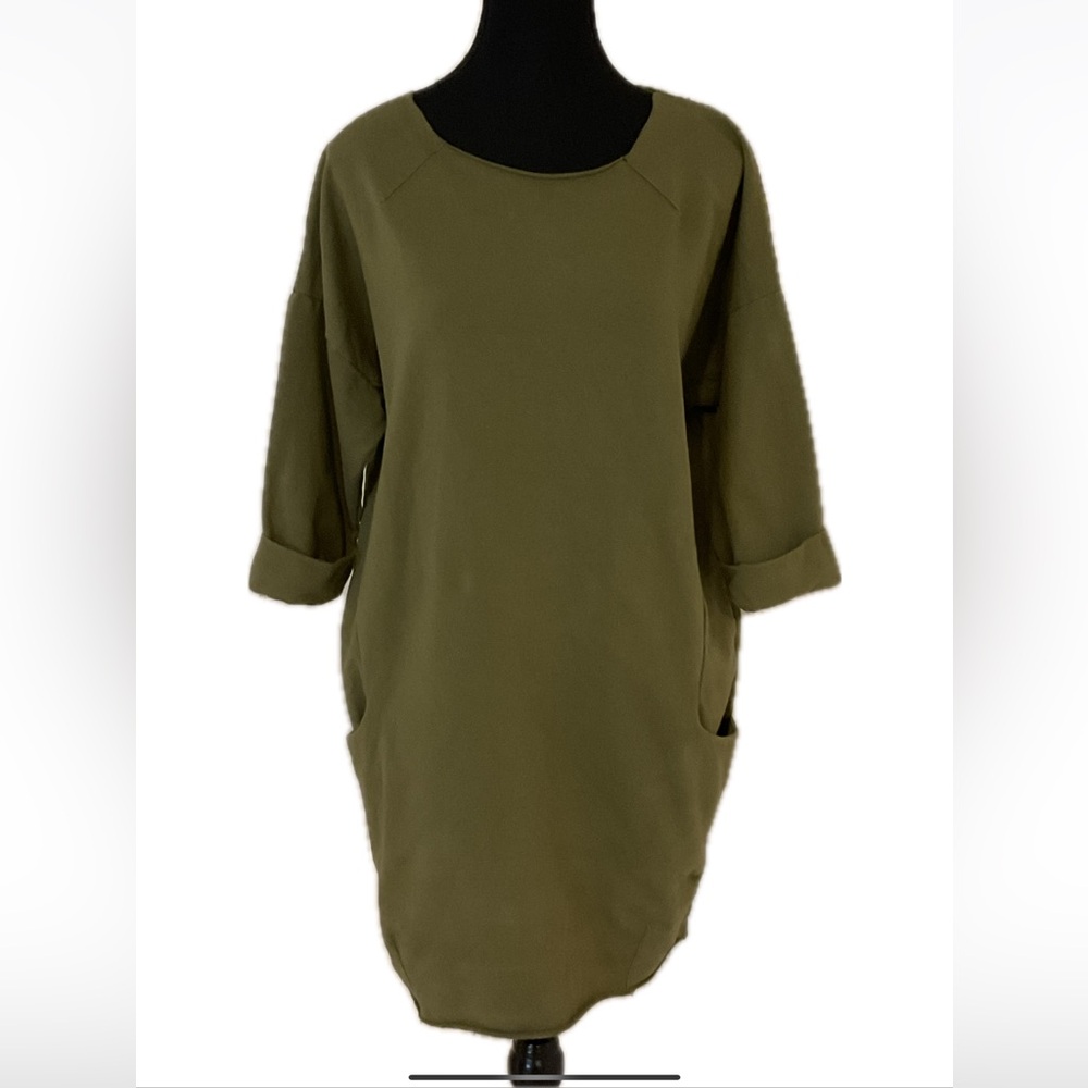 Wi & Co Olive  Made in Italy Green Tunic dress with pockets and 3/4  sleeves